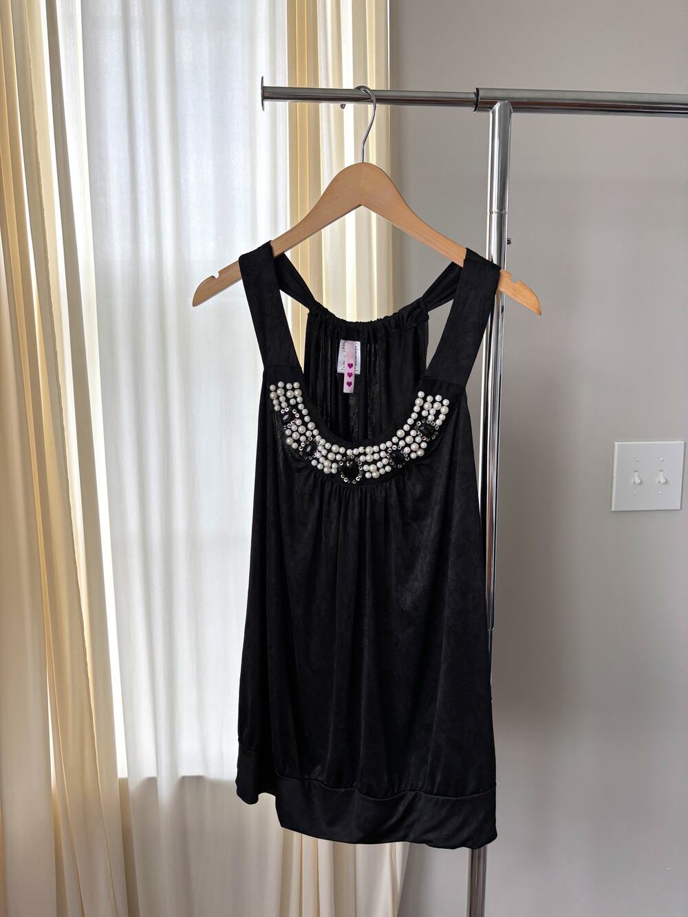Vintage HeartSoul Top 3X Black Pearl Beaded Gem Y2K Mall Goth Whimsy Glam Fairy